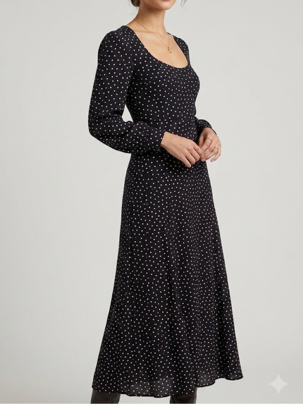 Women’s Retro Polka Dot Black White Velvet Size S Thick Square Neck Maxi Dress